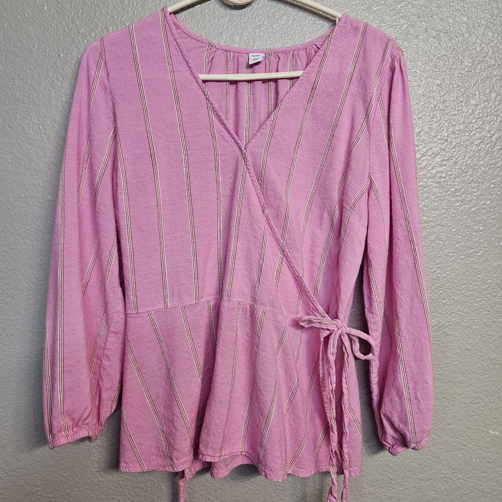 Old Navy Womens L Pink Stripe Wrap Peplum Blouse Long Sleeve Boho Casual DD778